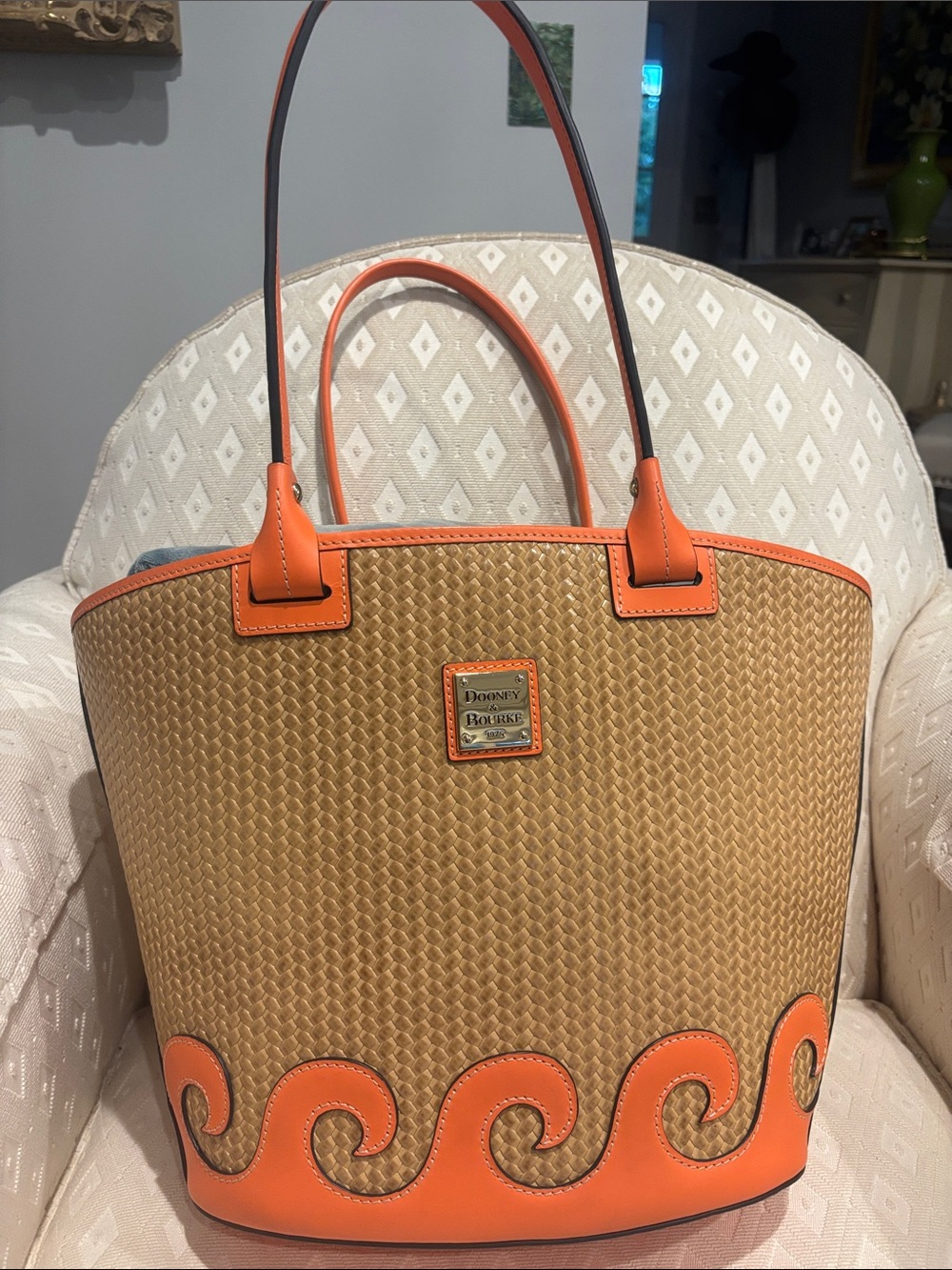 Dooney & Bourke Tan Woven Tote with Orange Trim
